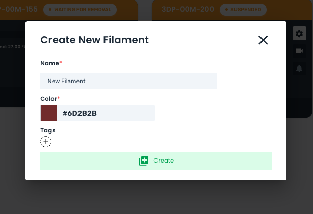 Create New Filament Modal